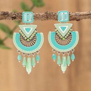 Mint Green & Turquoise Crystal Bead Geo Design Drop Earrings Tassel Boho Chic